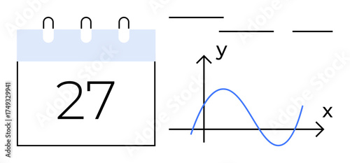 Calendar with date 27 and line graph showing trends on xy-axis. Ideal for scheduling, analysis, planning, forecasting, data visualization, productivity, research. Simple flat metaphor