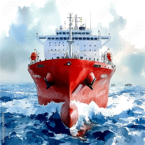 Cargo Ship, watercolor painting vector, isolated on a white background.