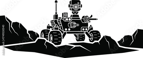 Black and white illustration of a robotic rover exploring a rocky alien planet surface