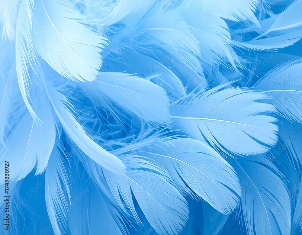 Fototapeta premium A close-up shot shows a cluster of soft, light-blue feathers filling the frame, creating a gentle and fluffy texture