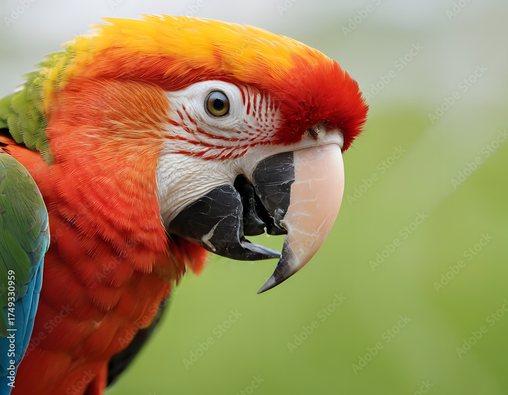Fototapeta premium Creative Idea splash of color becoming a parrot, close up of a scarlet macaw