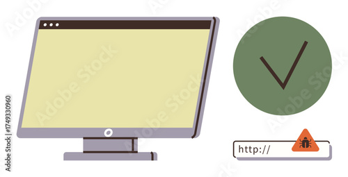 Computer monitor, green checkmark symbol, URL with malware warning icon. Ideal for cybersecurity, safe browsing, website security, antivirus, malware detection, online safety clean digital habits