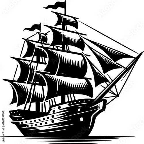 Sailing Vessel's Bold Voyage: A majestic sailing vessel, with billowing sails and flags atop, navigates the open waters. Depicting an emblem of adventure, exploration, and the spirit of the sea