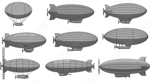 Collection of nine gray blimp and zeppelin illustrations viewed from the side