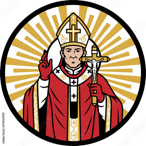 Radiant Cartoon Bishop Vector Icon – Red Vestments, Mitre, and Crucifix Staff with Halo Circle Background