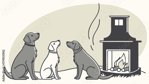 Cozy Winter Home Scene with Loyal Dogs by Warm Fireplace Illustration for Pet Care and Comfort