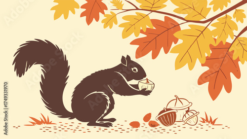 Autumn Squirrel Gathering Acorns Under Fall Oak Leaves Illustration for Seasonal Marketing, Nature Content, and Cozy Harvest Themes