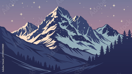 Serene Winter Mountain Landscape with Sparkling Stars and Pine Trees at Night Digital Art for Travel and Adventure Backgrounds