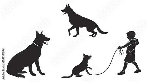 Loyal German Shepherd Dog Silhouettes Set with Child Walking Pet Graphic Elements for Pet Care Dog Training and Family Companionship