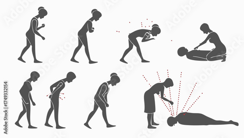 Woman Vomiting Fainting Collapsing and Receiving First Aid CPR. Emergency Medical Training and Health Safety Education.