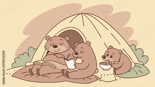 Cute Bear Family Camping in Cozy Tent. Parent and Cubs Reading Books and Eating Snacks. Peaceful Outdoor Illustration for Children.