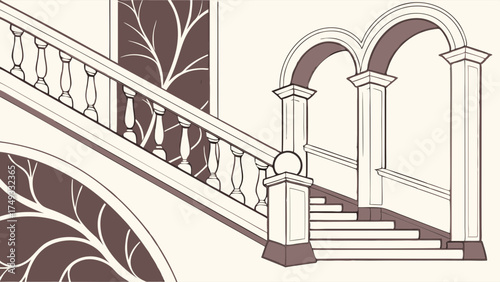 Elegant Grand Staircase and Arched Hallway Interior. Classic Architectural Illustration with Nature Decor for Luxury Marketing