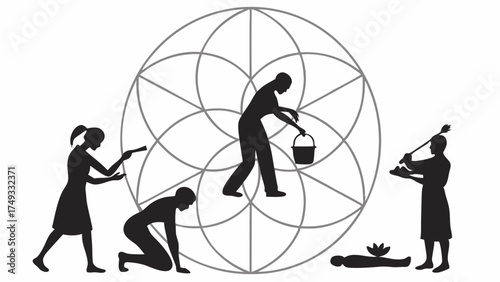 Diverse Community Members Collaborating for Holistic Well-being and Personal Growth within Geometric Design
