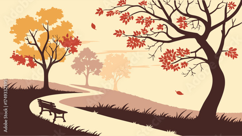 Vector Autumn Park Landscape with Winding Path, Colorful Fall Trees, and Falling Leaves. Peaceful Seasonal Nature Background for Web Design.