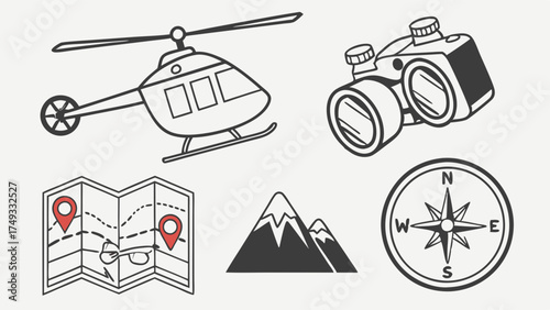 Outdoor Adventure Travel Vector Icons Set Helicopter Map Compass Mountains Binoculars for Exploration Journey Planning and Discovery