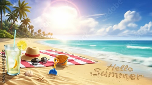 Wallpaper Mural Summer beach scene with lemonade, straw hat, and sand toys, "Hello Summer" written on sand, ocean waves footage. Torontodigital.ca