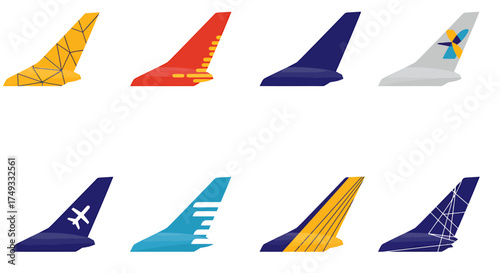 Eight stylized airplane vertical stabilizers arranged in two rows of four
