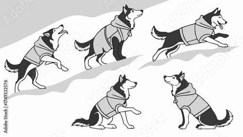 Active Siberian Huskies in Grey Hoodies Playing on Snowy Winter Terrain. Energetic Pet Dogs for Outdoor Adventure, Sports, and Training.