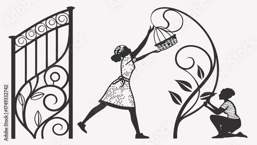 Creative Women Decorating Ornate Wrought Iron Garden Gate and Arch with Birdcage for Elegant Home Decor and Personal Growth