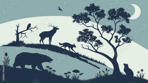 Nocturnal Wildlife Silhouettes in Peaceful Forest Landscape. Environmental Conservation Education Outdoor Adventure Web Design