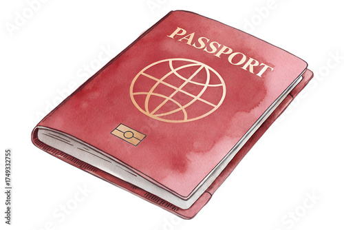 Watercolor red passport illustration with a world globe symbol on the cover. The design features soft brush textures and warm tones, giving it a handmade and artistic look. Ideal for travel-themed pro