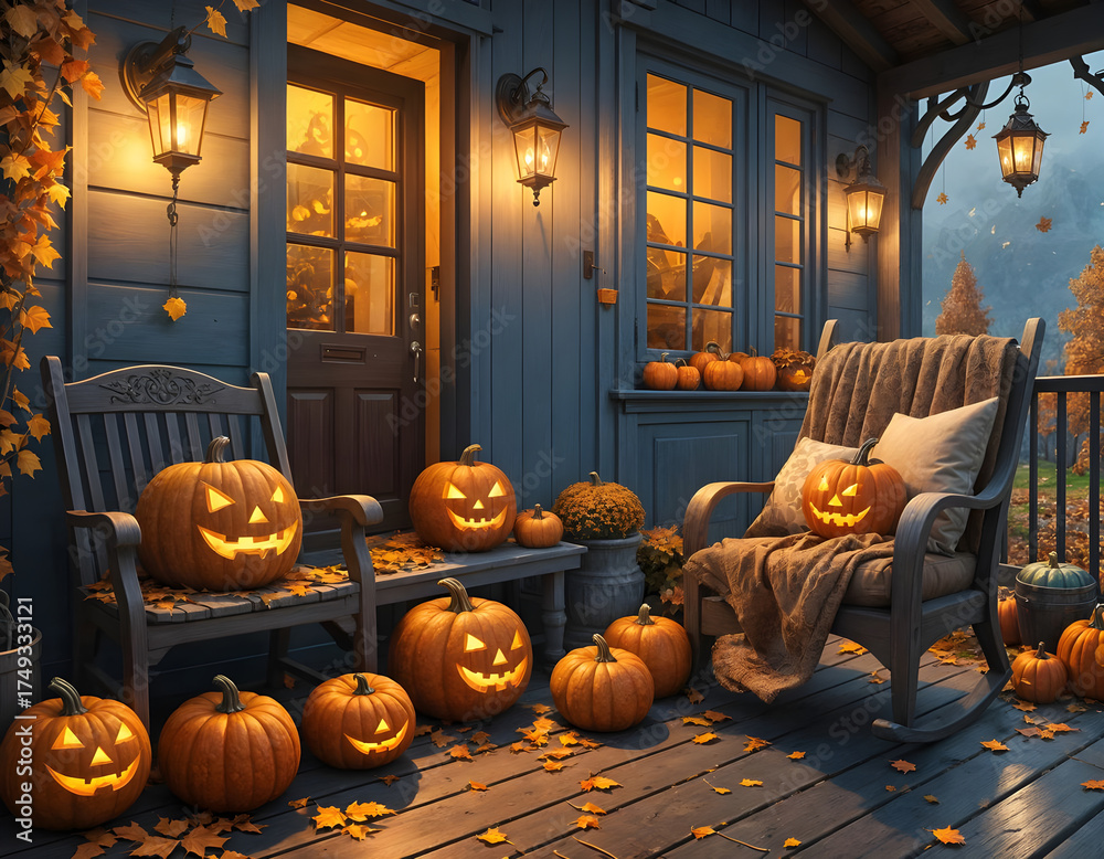 Obraz premium Charming autumn porch decorated with glowing jack-o-lanterns, teal pumpkins, and cozy chairs under warm lantern light for Halloween night. Concept of Halloween. CG Artwork Background