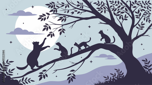 Dreamy Cat Silhouettes on Tree Branch Reaching for Full Moon in Starry Night Sky Whimsical Nighttime Illustration for Children's Books and Pet Brands