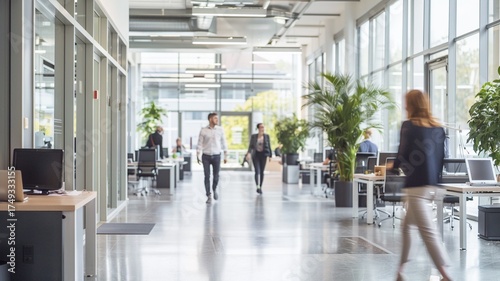 Blurred motion of people walking through a modern office corridor hall with reflective glass walls, showcasing the dynamic environment of the corporate world with a sense of urgency and movement.