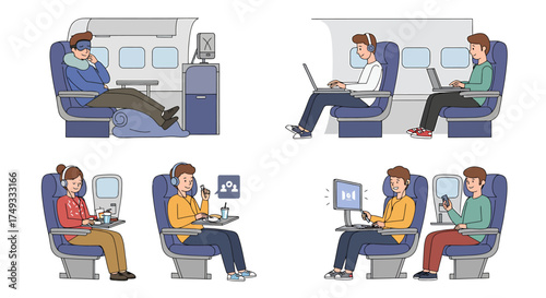 Illustration of passengers in airplane seats engaging in various activities