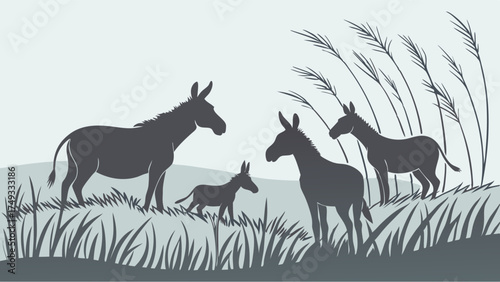 Wild Donkey Family Silhouette Grazing in Grassy Field. Peaceful Nature Scene for Wildlife Conservation, Rural Life, and Educational Content.