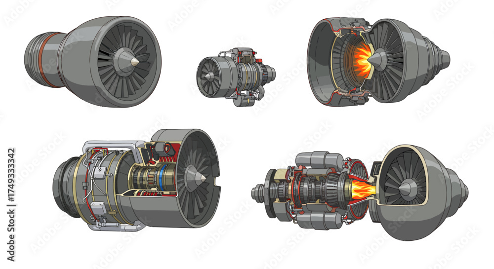 Φωτογραφία Illustration showing five different views and cutaways of turbofan jet engines