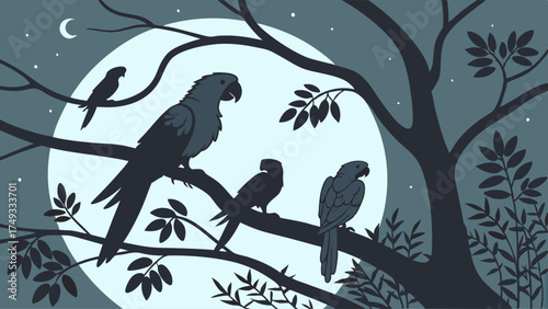 Tropical Macaws Silhouette Perched on Tree Branches Under Full Moon Night Sky Illustration Peaceful Wildlife Scene for Nature Travel Web and App Design Backgrounds