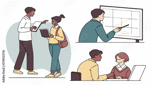 Modern Illustration of Diverse Business Team Collaborating on Project Planning, Data Analysis, and Presentation