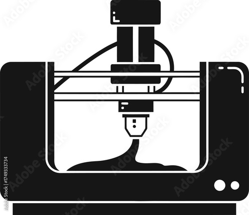 Black silhouette of a 3d printer in action creating a molten plastic object