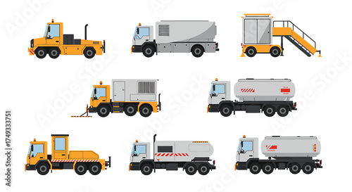 Set of nine distinct illustrations of various airport ground support vehicles