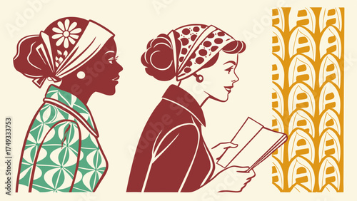 Retro Illustration Diverse Women Reading Book Headscarves Vintage Fashion Mid-Century Style Female Empowerment Education Lifestyle Design