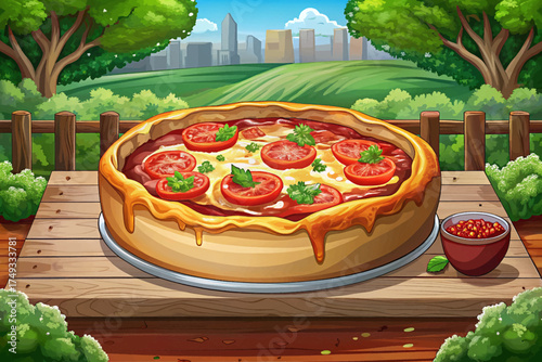 Chicago deep dish pizza loaded with cheese, tomato sauce, and crispy crust, a famous comfort food from Illinois.