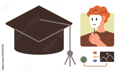 Graduation cap symbolizing education and achievement, person holding a mask representing identity or duality. Ideal for learning, personal growth, authenticity, branding, psychology, decision-making