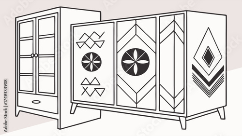 Modern Geometric Cabinet and Sideboard Line Art Illustration for Stylish Home Decor and Interior Design