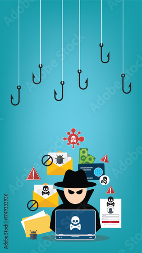 Hacker with laptop computer stealing confidential data, personal information and credit card detail. Hacking concept.	