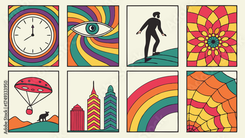 Vibrant Retro Psychedelic Graphic Art Set for Creative Design Web Marketing Digital Projects Time Vision and Journey Themes