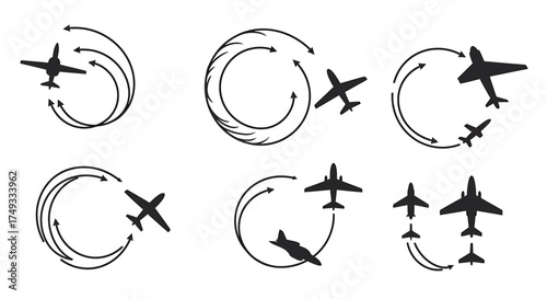 Six black silhouette icons showing airplanes in circular flight paths with directional arrows