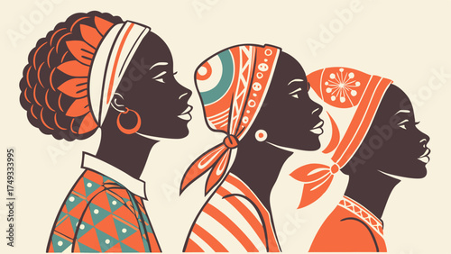 Three Confident Black Women in Headwraps Profile Illustration for Diversity and Empowerment Marketing