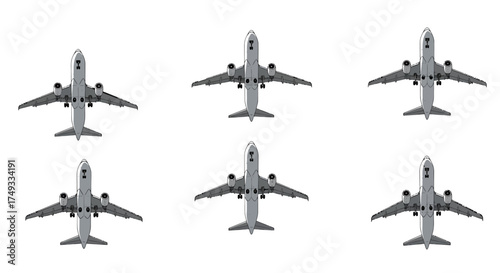 Six identical topdown illustrations of commercial airplanes in flight