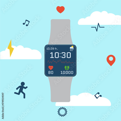 Sports smartwatch, fitness bracelet, heart around in a circle, heart rhythm, gear, notes, running man, lightning, destination, sky and clouds