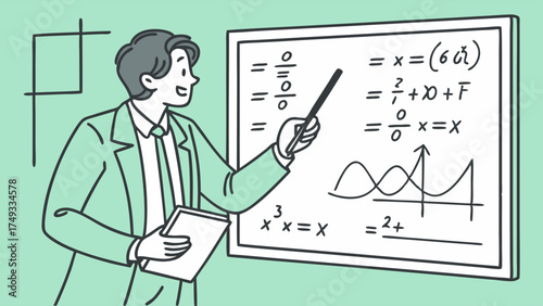 Smiling Male Teacher Explaining Math Equations on Whiteboard, Confident Educator Presenting Complex Formulas for Online Learning, STEM, and Academic Study.