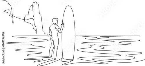 Continuous single line drawing Surfer on the seashore. Surfer with a board against a rocky landscape. Surfing in the ocean. Linear . One continuous line isolated minimalist illustration. Not AI.