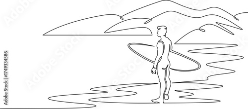 Continuous single line drawing Surfer on the seashore. Surfer with a board against a rocky landscape. Surfing in the ocean. Linear . One continuous line isolated minimalist illustration. Not AI.