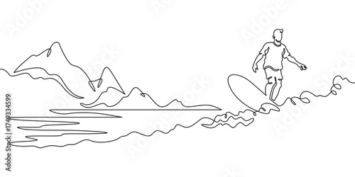 Continuous single line drawing Surfer on the seashore. Surfer with a board against a rocky landscape. Surfing in the ocean. Linear . One continuous line isolated minimalist illustration. Not AI.