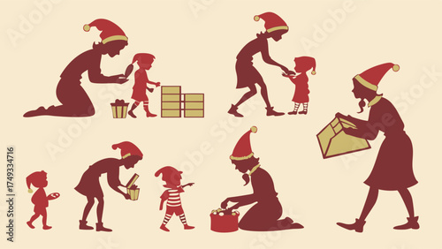 Festive Women and Children Elves Helping Prepare Christmas Gifts. Holiday Season Volunteering, Family Giving, and Present Wrapping for Charity.